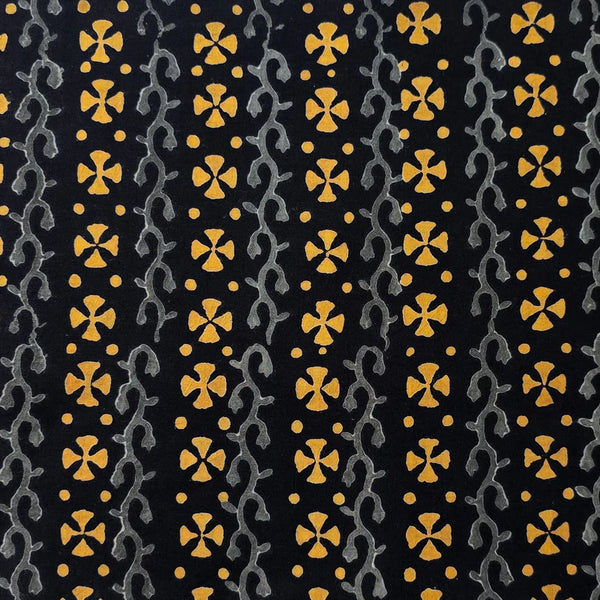 ( PRE-CUT 2 METER ) Pure Cotton Black With Yellow Flowers And Grey Creeper With Border Hand Block Print Fabric