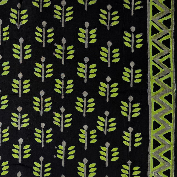 Pure Cotton Black With Green Arrow Motifs With Border Hand Block Print Fabric