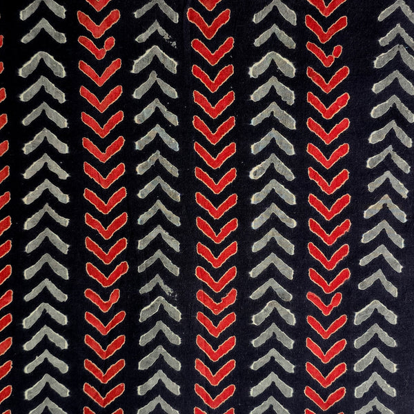 Pure Cotton Black With Red Grey Arrow Heads With Border Hand Block Print Fabric