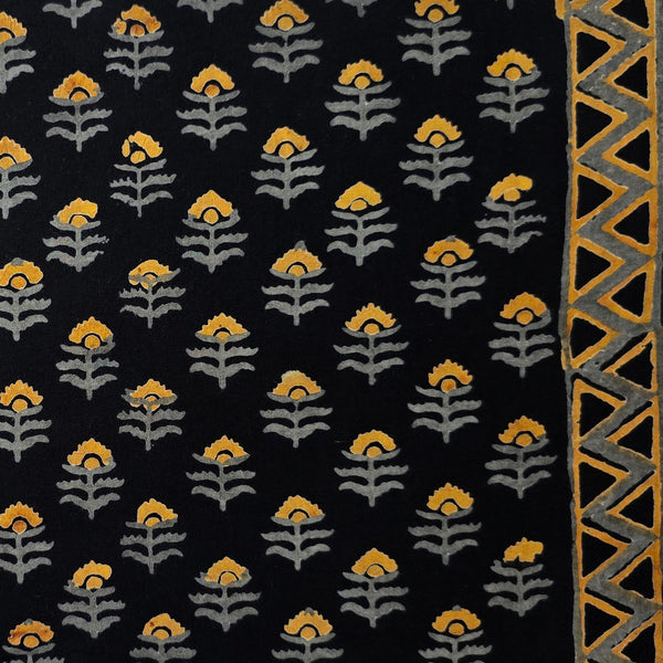 Pure Cotton Black With Yellow Grey Floral Motifs With Border Hand Block Print Fabric