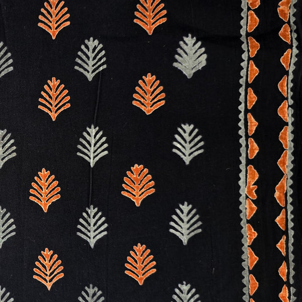 Pure Cotton Black With Orange Grey Small Leaves  With Border Hand Block Print