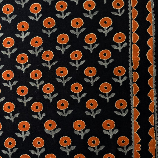 Pure Cotton Black With Orange Grey Flower Bud With Border Hand Block Print Fabric