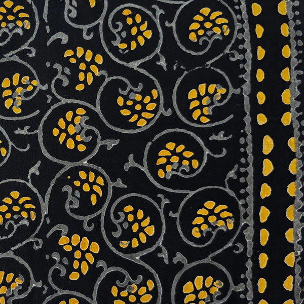 (Pre-Cut 1.80 Meter)Pure Cotton Black With Yellow Fruit And Grey Jaal With Border Hand Block Print Fabric