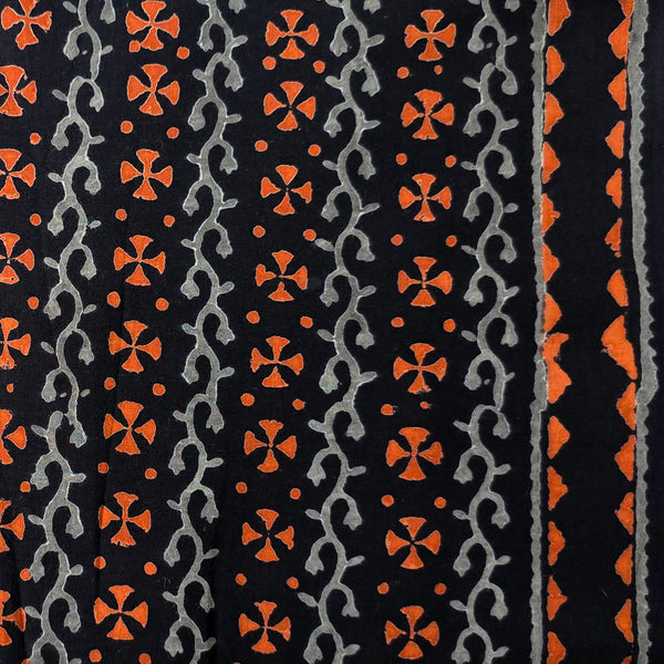 Pure Cotton Black With Orange Flowers And Grey Creeper With Border Hand Block Print Fabric