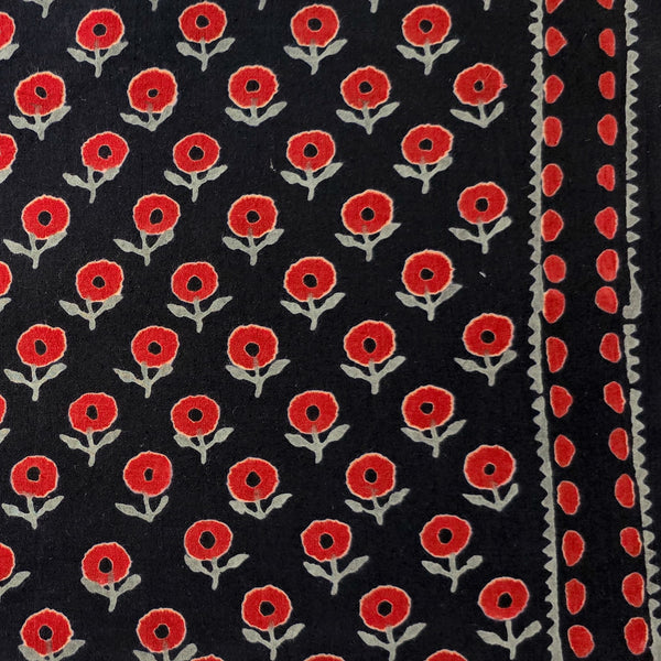 Pure Cotton Black With Red Grey Flower Bud With Border Hand Block Print Fabric