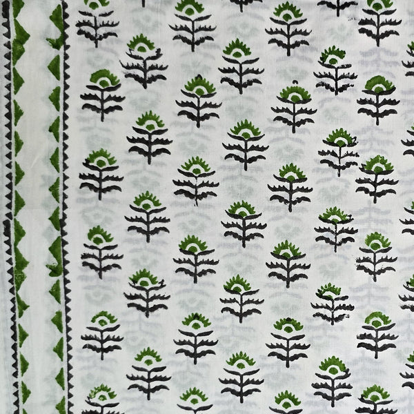 Pure Cotton White With Green Floral Motifs With Border Hand Block Print Fabric