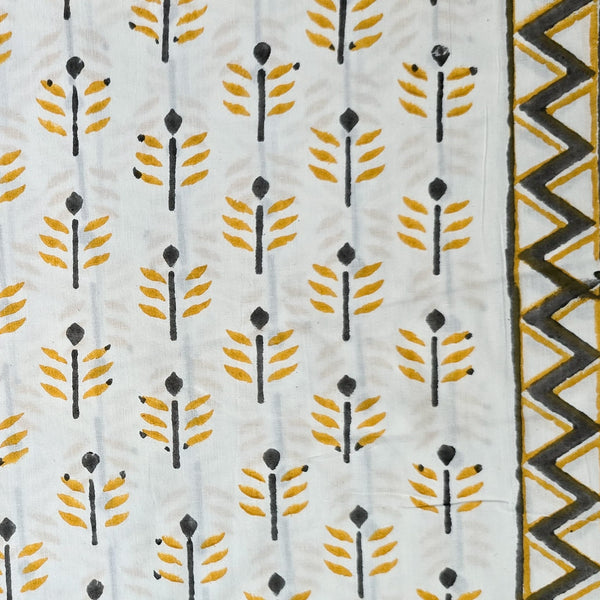 Pure Cotton White With Mustard Yellow Arrow Motifs With Border Hand Block Print Fabric