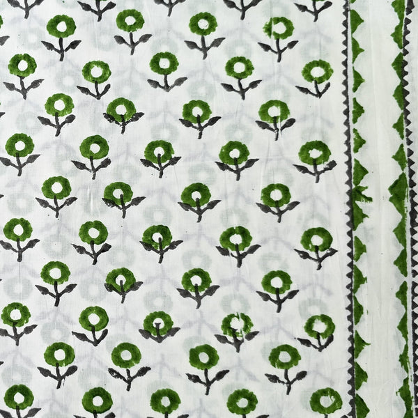 Pure Cotton White With Green Grey Flower Bud With Border Hand Block Print Fabric