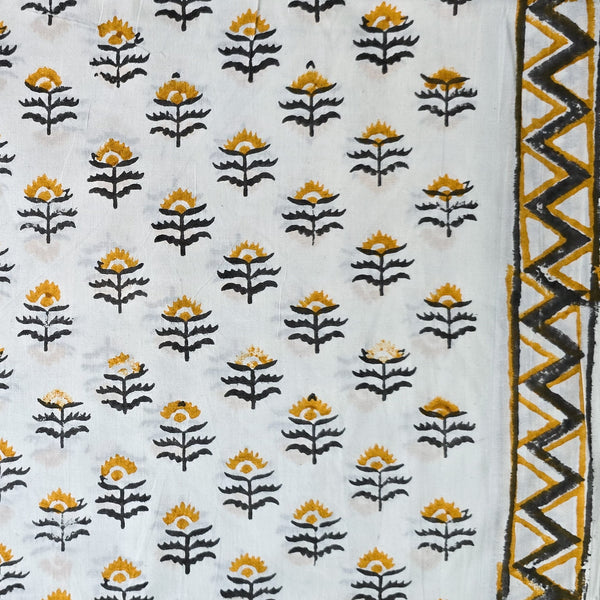 Pure Cotton White With Mustard Yellow Floral Motifs With Border Hand Block Print Fabric