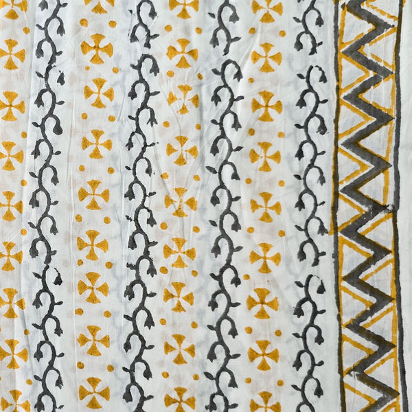 Pure Cotton White With Mustard Yellow Flowers And Grey Creeper With Border Hand Block Print Fabric