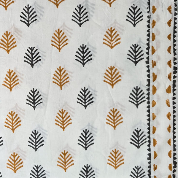 Pure Cotton White With Brown Black Small Leaves With Border Hand Block Print