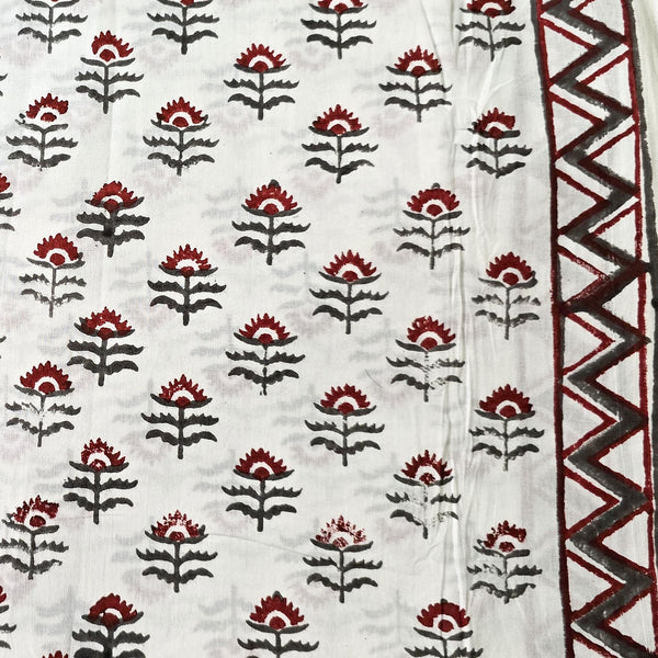 Pure Cotton White With Maroon Floral Motifs With Border Hand Block Print Fabric