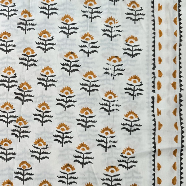 Pure Cotton White With Brown Floral Motifs With Border Hand Block Print Fabric