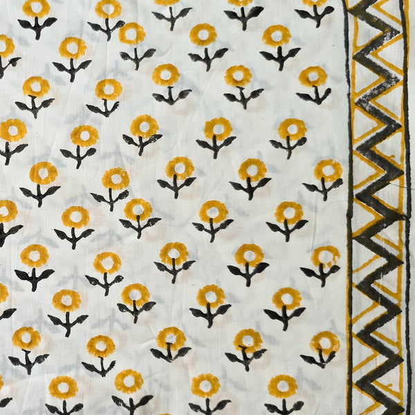 Pure Cotton White With Mustard Yellow Grey Flower Bud With Border Hand Block Print Fabric