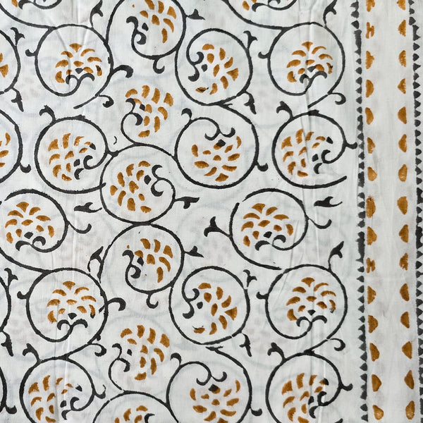 Pure Cotton White With Brown Fruit And Grey Jaal With Border Hand Block Print Fabric