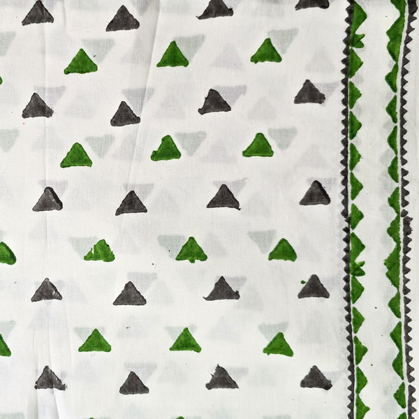 Pure Cotton White With Green Grey Small Triangles With Border Hand Block Print Fabric