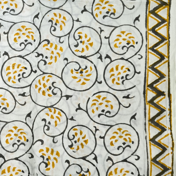 Pure Cotton White With Mustard Yellow Fruit And Grey Jaal With Border Hand Block Print Fabric