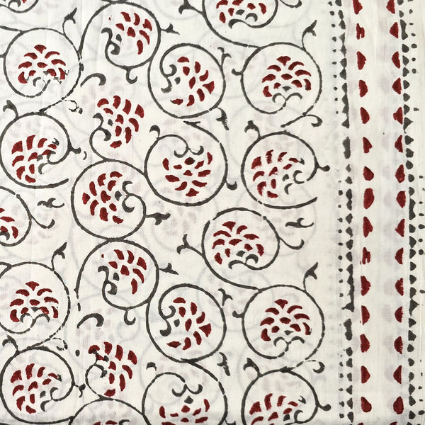 Pure Cotton White With Maroon Fruit And Grey Jaal With Border Hand Block Print Fabric