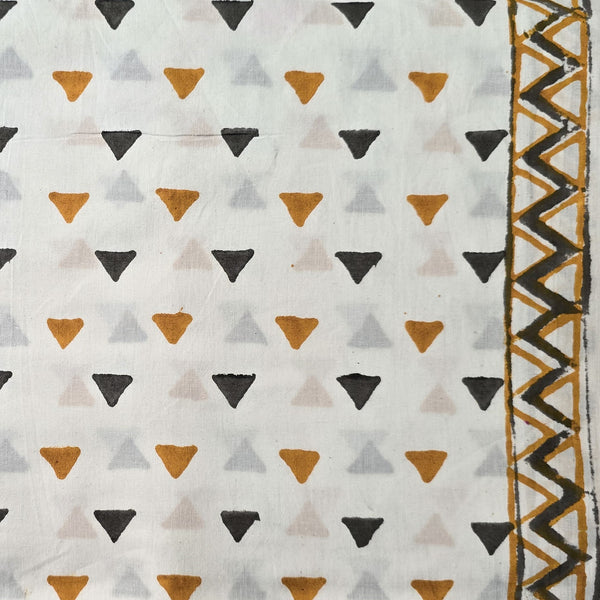 Pure Cotton White With Mustard Yellow Grey Small Triangles With Border Hand Block Print Fabric