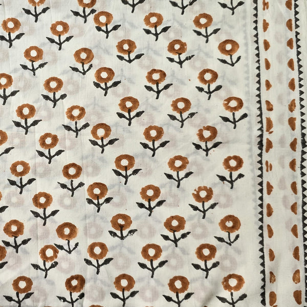 Pure Cotton White With Brown Grey Flower Bud With Border Hand Block Print Fabric