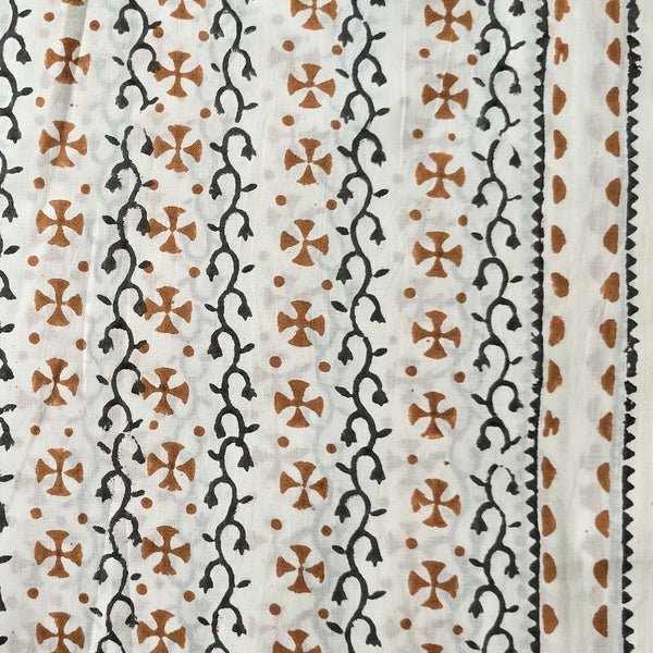 Pure Cotton White With Brown Flowers And Grey Creeper With Border Hand Block Print Fabric