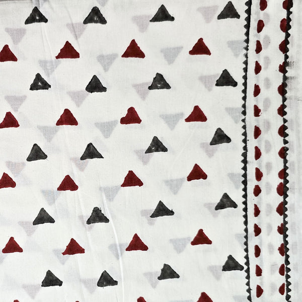 Pure Cotton White With Maroon Grey Small Triangles With Border Hand Block Print Fabric