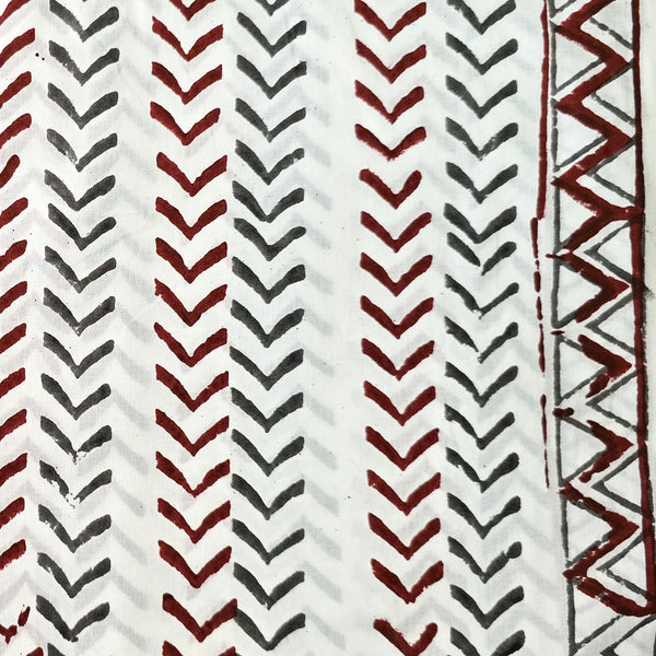 Pure Cotton White With Maroon Grey Arrow Heads With Border Hand Block Print Fabric