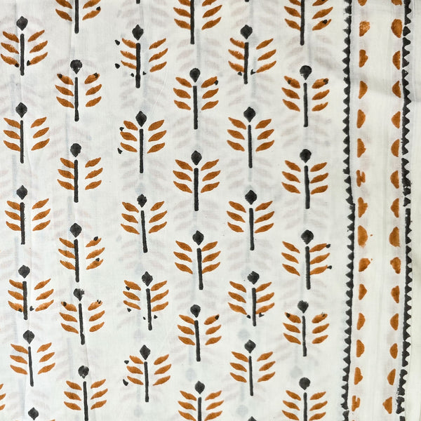 Pure Cotton White With Brown Arrow Motifs With Border Hand Block Print Fabric