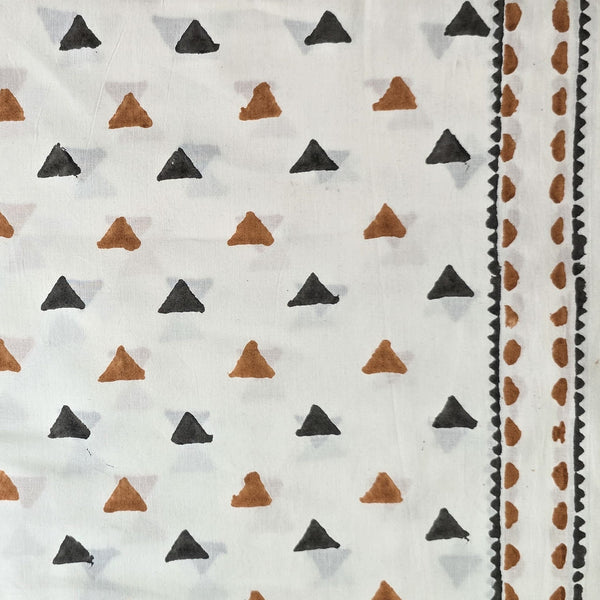 Pure Cotton White With Brown Grey Small Triangles With Border Hand Block Print Fabric