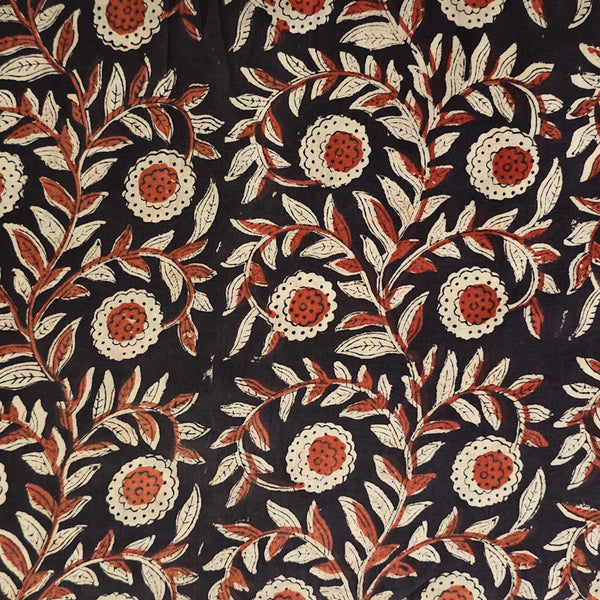 Pure Cotton Bagru Black With Rust Red And Cream Flower Jaal Hand Block Print Fabric