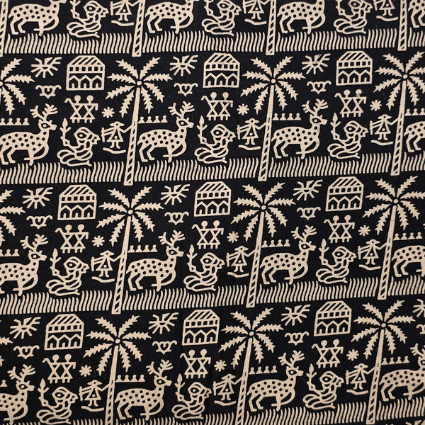 Pure Cotton Ajrak Black With Cream Dears Village Hand Block Print Fabric