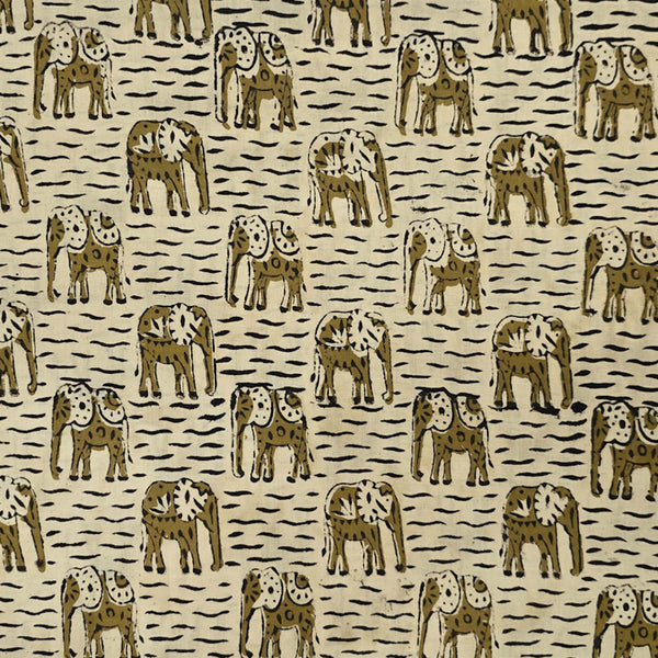 Pure Cotton Bagru Cream With Grean Elephants Hand Block Print Fabric