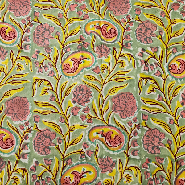 Per Cut (0.85 Meter) Pure Cotton Jaipuri  Light Green With Yellow Pink Maroon Kairi Flower Jaal Hand Block Print Fabric