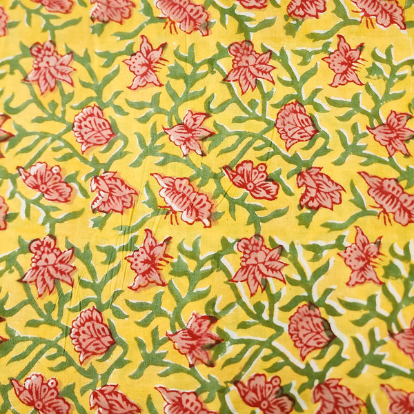 Pure Cotton Jaipuri Yellow With Small Red Flowers With Green Leaves Jaal Hand Block Print Fabric