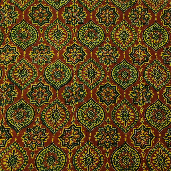 Pure Cotton Ajrak Rust Red With Green Floral Motifs Design Hand Block Print Fabric