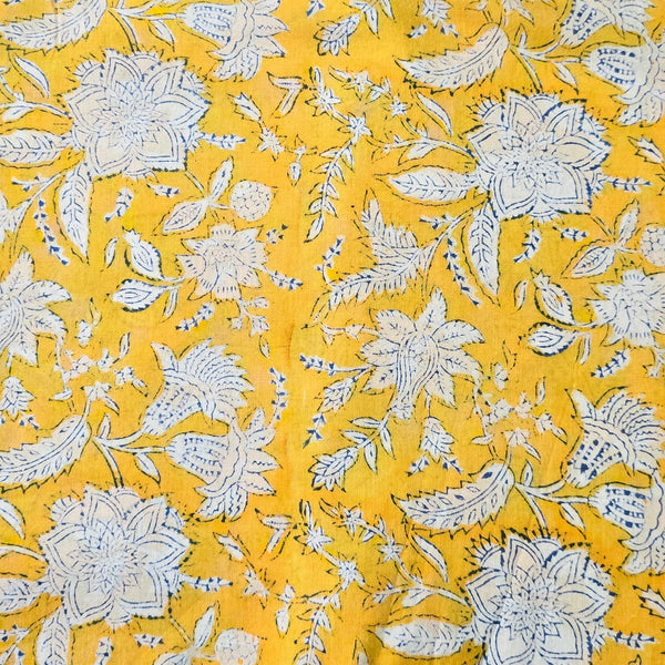 Pure Cotton Jaipuri Yellow With White Flower Jaal Hand Block Print Fabric