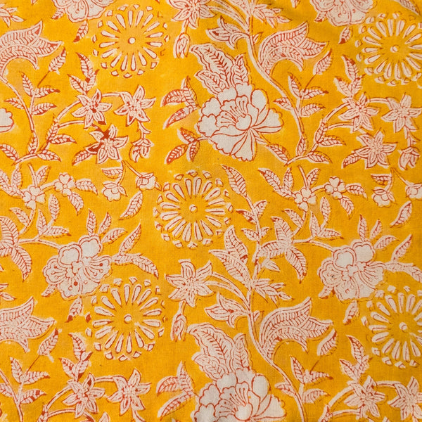 Pure Cotton Jaipuri Yellow With Orange White Flower Jaal Hand Block Print Fabric