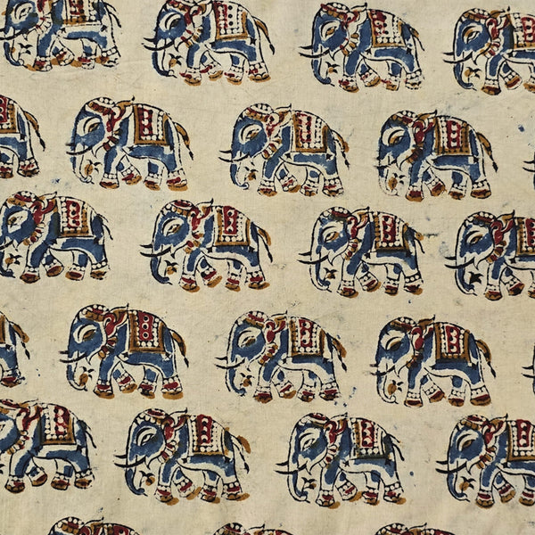 Pure Cotton Kalamkari Cream With Blue Mustard Elephant Hand Block Print Fabric