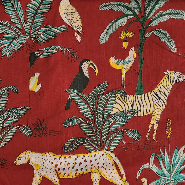 Pure Cotton Sea Red With Jungle Screen Print Fabric