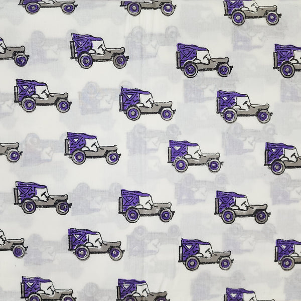 ( Pre-Cut 1.70 Meter ) Pure Cotton Jaipuri White With Purple Jeep Hand Block Print Fabric