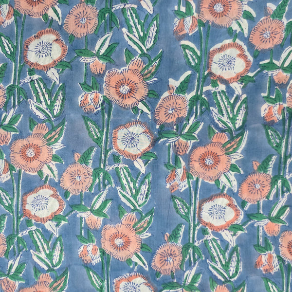 Pure Cotton Mul Jaipuri Blue With Peach And Green Flower Creeper Hand Block Print Fabric