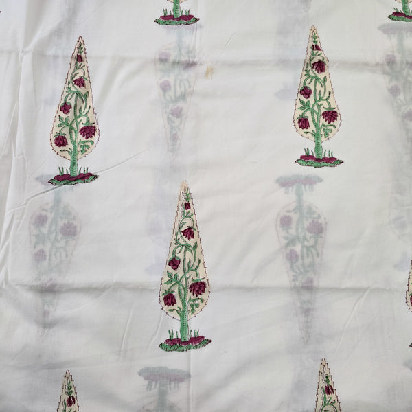 Pure Cotton Jaipuri White And Big Tree Intricate Flower Hand Block Print Fabric