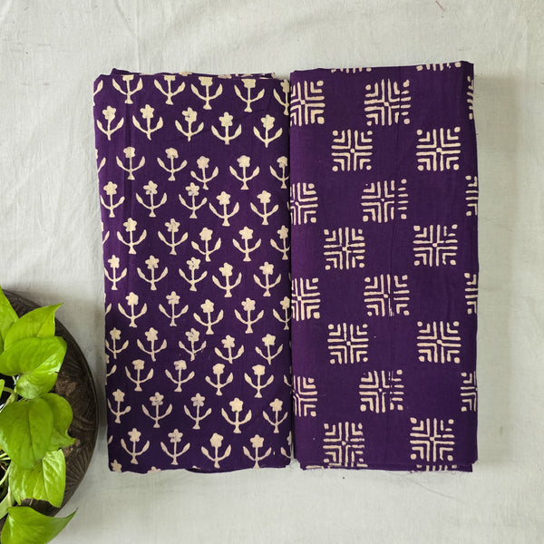 Top Bottom Combo Pure Cotton Gamthi Dark Purple  With Cream Tiny Flower Fabric And Dark Purple Cream Checks Design Bottom Fabric (2.5 Meters Each)