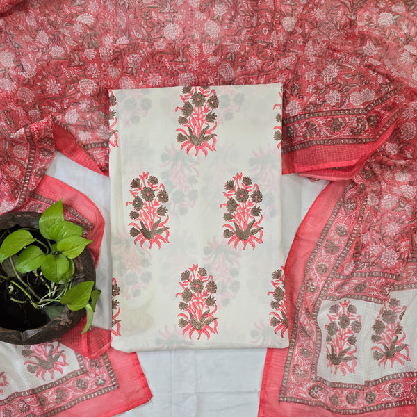 ROZANA-Pure Cotton Jaipuri Peach With White Big Flower Motif Top  And Kota Dori Dupatta