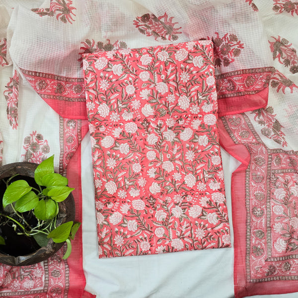 ROZANA-Pure Cotton Jaipuri Peach With White Flower Jaal Top  And Kota Dori Dupatta