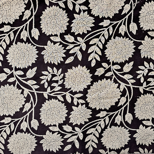 Pure Cotton Bagru Black With  Cream Flower And Leaves  Jaal Hand Block Print Fabric