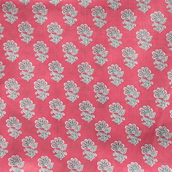 Pure Cotton Screen Print Peach With White And Grey Flower Motif Fabric