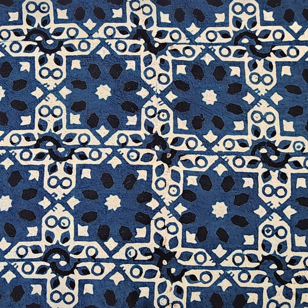 Pure Cotton Ajrak  Blue  And Black And Cream Star Intricate Design Hand Block Print Fabric