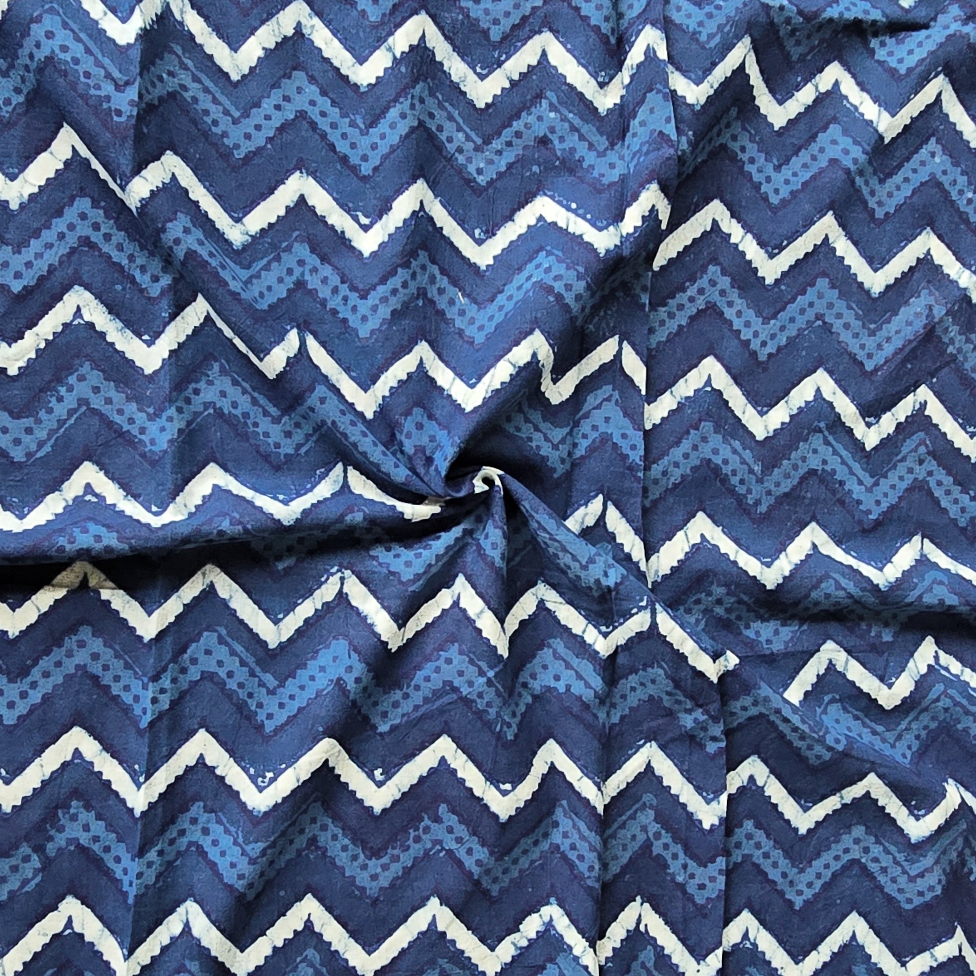 (Pre-Cut 1.70 Meter )Pure Cotton Indigo With White And blue Zig Zag Li ...