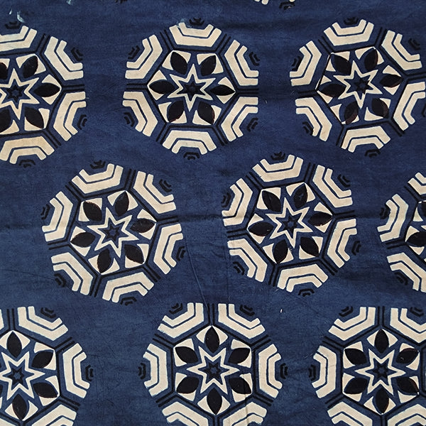 Pure Cotton Ajrak Blue With Cream Big Geometrical  With Intricate Design Hand Block Print Fabric